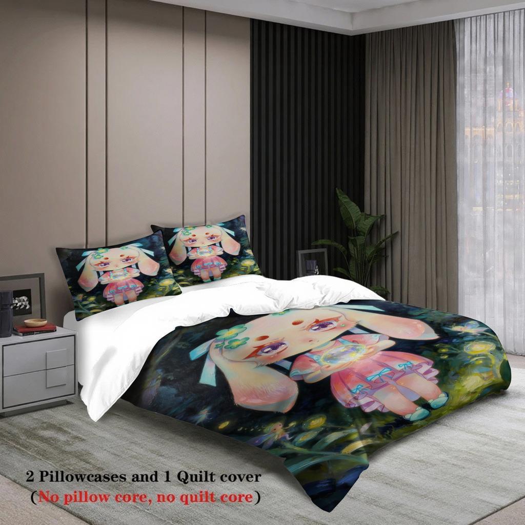 Softville Cozy Town 3PCS Bedding Sets Lop Rabbit Holding a Glowing Orb Pint Duvet Cover No Filling Cartoon Style Queen King Size