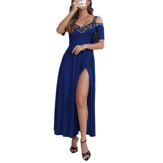 

Женское вечернее платье с V-образным вырезом и высоким разрезом с блестками, плиссированные с короткими рукавами, плюс размер, трапециевидной формы с открытыми плечами, длиной до щиколотки, платье для выпускного вечера, макси-платье XL синий