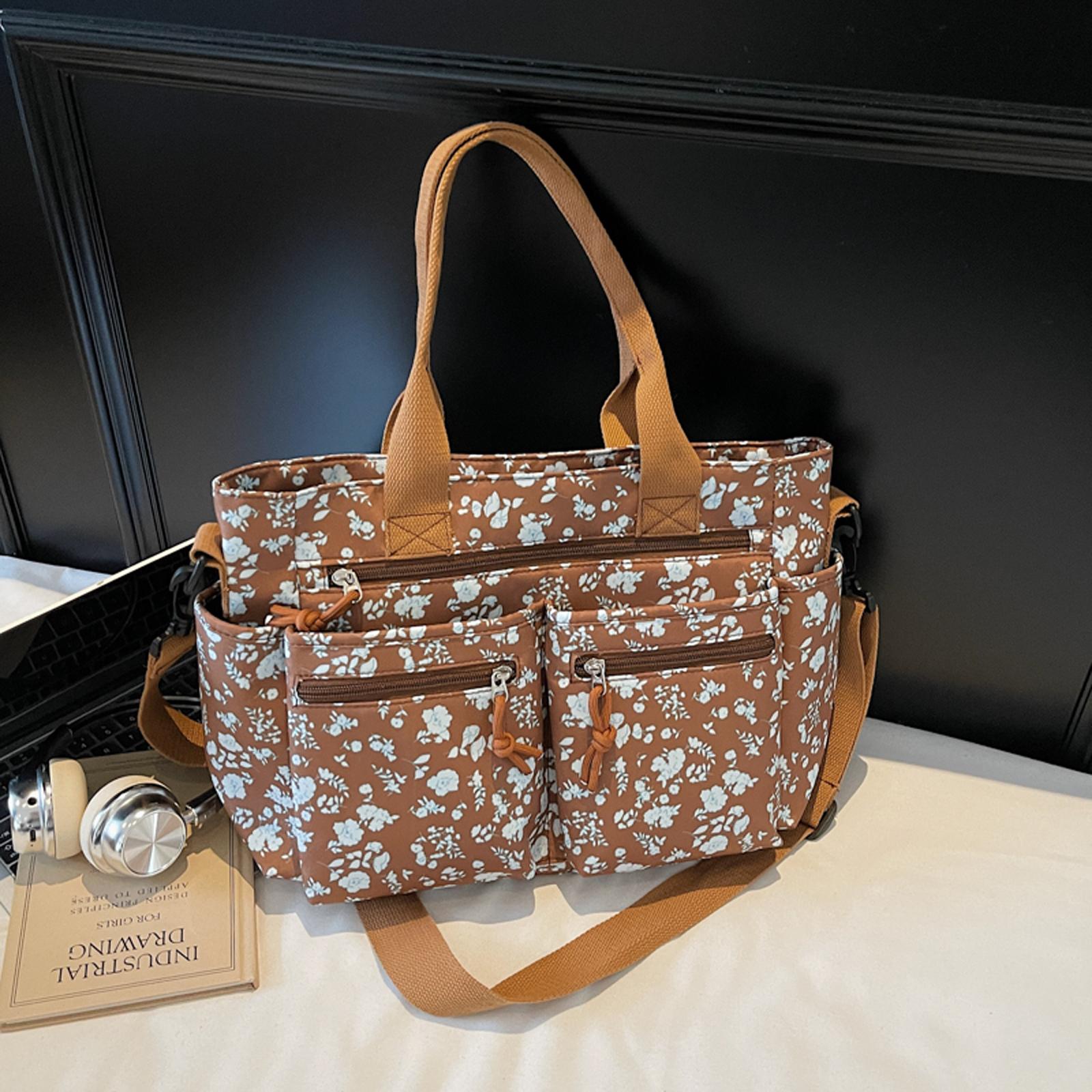 

Nylon Floral Prints Tote Bags with Adjustable Strap Shoulder Bag with Multi Pocket Handbag for Women Work Shopping коричневий