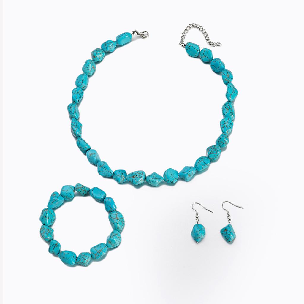 Turquoise Beaded Bracelet Earrings Pendant Set Irregular Beads Natural Stone Jewelry Handmade Accessory Set for Women and Girls