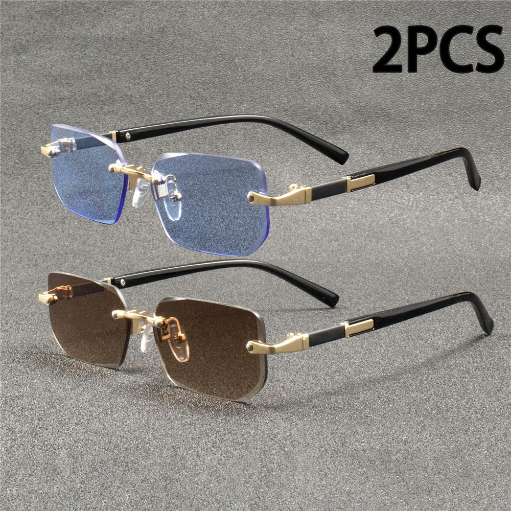 2PCS Rimless Sunglasses Rectangle Fashion Popular Women Men Shades Small Square Sun Glasses For Female male Summer Traveling