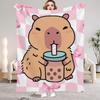 1Pc Pink Digital Printed Capybara Style Flannel Blanket Mattress Cover Blanket for Family BedsSofasOfficesOutdoor Camping