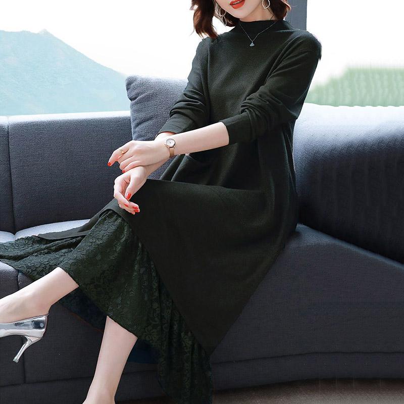 Dress Women's Autumn and Winter Lace Comfortable Stretchy Mid-Length Sweater Dress Knitted Long Sleeve Dresses
