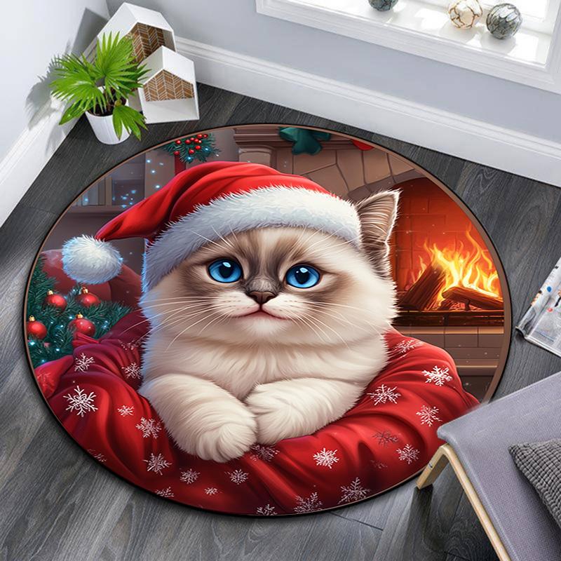 

Cat in Santa Hat Round Area Rug,Carpet Rug for Living Room Bedroom Sofa Playroom Decor,Non-slip Floor Mat 80cmx80cm
