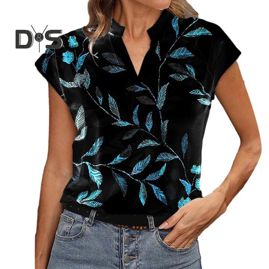 

Женский летний топ с V-образным вырезом, воротником-стойкой, принтом листьев, короткими рукавами, свободный пуловер, прямой, дышащий, мягкий, повседневный, женская футболка M чёрный