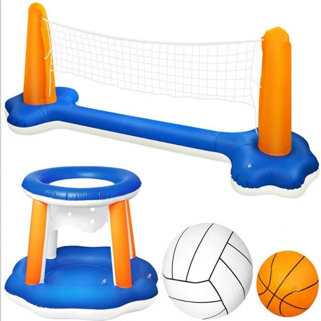 Aufblasbares Pool-Volleyballnetz-Set mit Basketballkorb, Volleyballnetz & Basketballkorb, 2-in-1 schwimmende Wasserspiele für Erwachsene, Wassersport im Hinterhof