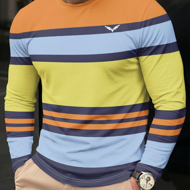 Men's Long Sleeve T-Shirt Orange Yellow Blue Stripe Polyester Casual
