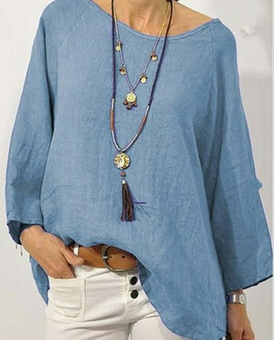 Women's Autumn Cotton Linen Long Sleeve Solid Color Loose Top