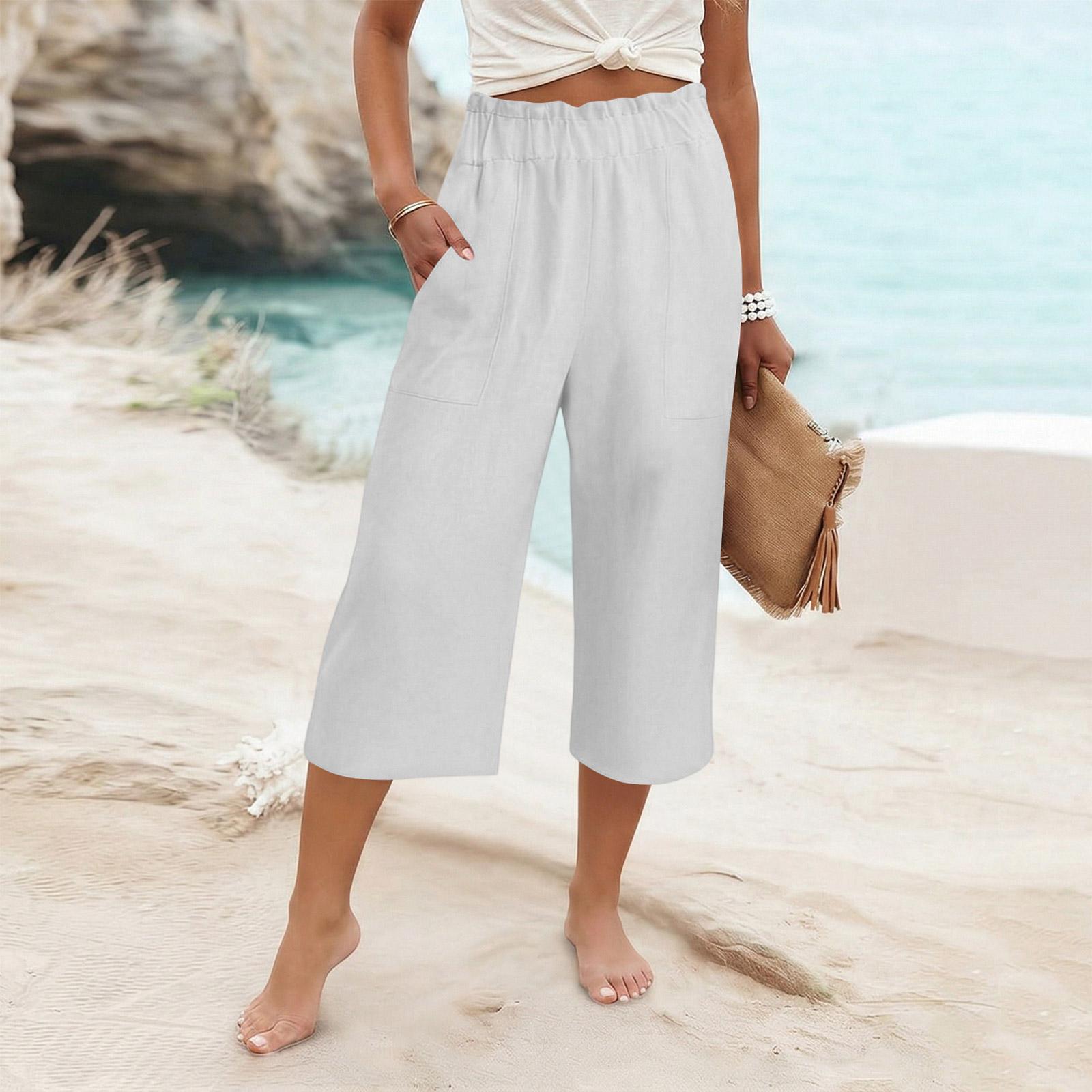 

Womens Baggy Cotton Linen Pants Elastic Waist Casual Loose Summer Beach Vacation Pants L білий