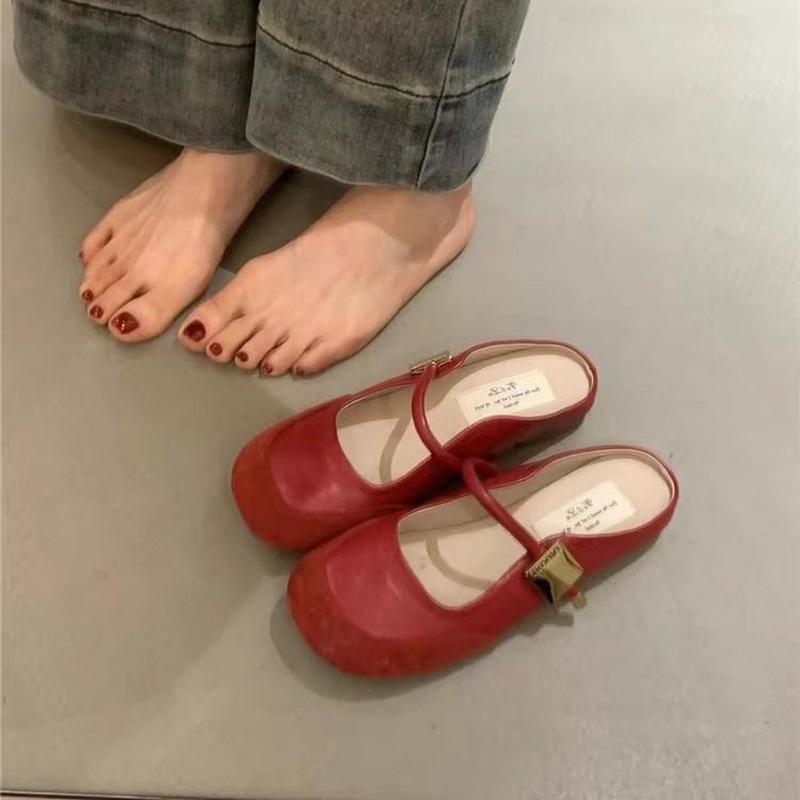 Fan Jieya rode Mary Jane schoenen damesschoenen 2025 lente en herfst nieuw ronde neus zachte zool één bandje met lage wreef Franse enkellaarsjes