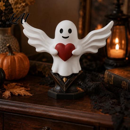 Decorative Sculpture for Office Angel Ghost Statue Smiling Holding Heart Figurine Cute Romantic Valentine Day Gift Halloween Valentine's Home Table
