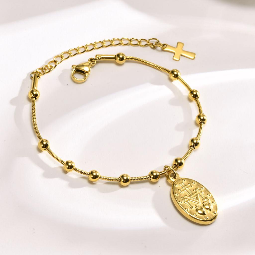 Rosary Bracelet Gold Plated Stainless Steel Religious Cross And Virgin Mary Prayer Bracelets Jewelrygifts For Women Girls