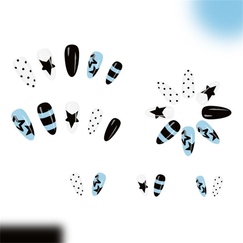 24Pieces Light Blue Star Pattern Glossy Press On Nail Medium Almond Shape Reusable Fake Nail Safe ABS Material Nail Art Designs