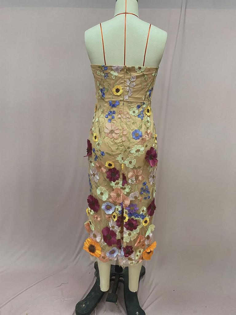2025 Europäisches und amerikanisches sexy ärmelloses Midikleid mit bunter 3D-Blumenstickerei