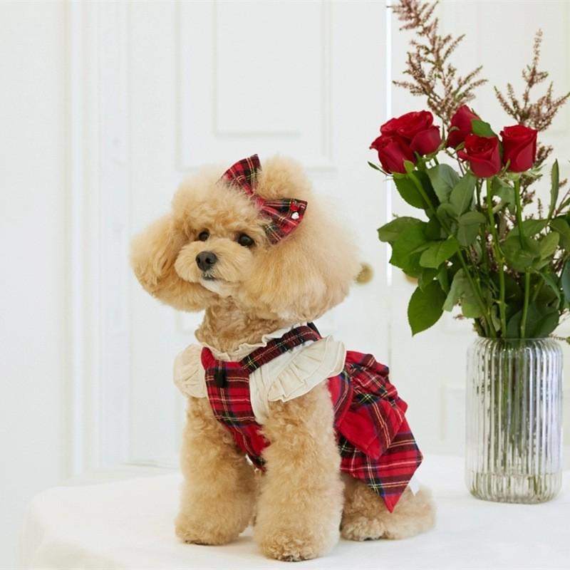 Christmas Plaid Dog Dress Pet Clothes Cats Small Dogs Like Teddy Cotton Blend Apparel