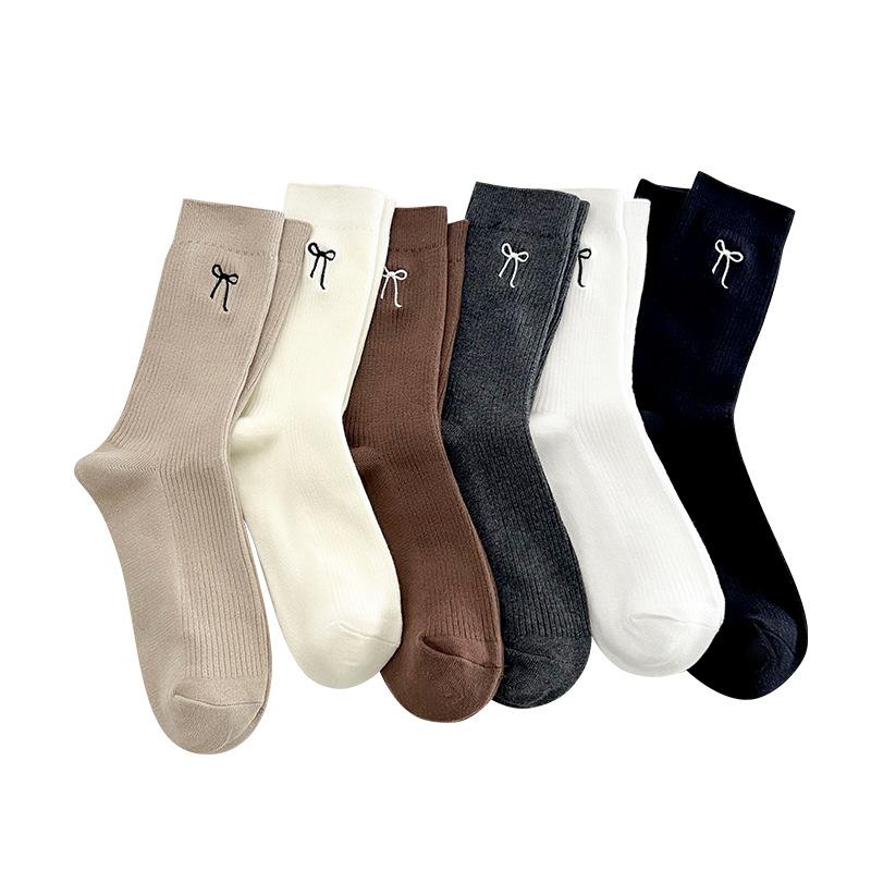 Autumn Socks, Women's Embroidered Bow Mid-calf Lolita Retro Trendy Solid Color Versatile Cotton Socks