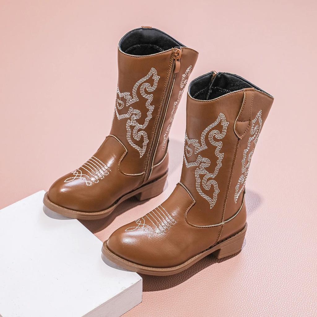 Dziewczęce Botki Cowboy ze Skóry PU Nowe Jesień Zima Dziecięce Botki do Połowy Łydki Antypoślizgowe Zamek Boczny Proste Retro Dziecięce Botki Codzienne