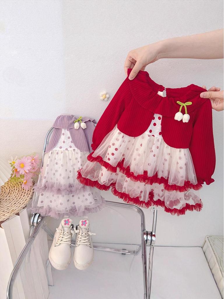 Baby Girl Spring & Autumn Polka Dot Tulip Mesh Dress