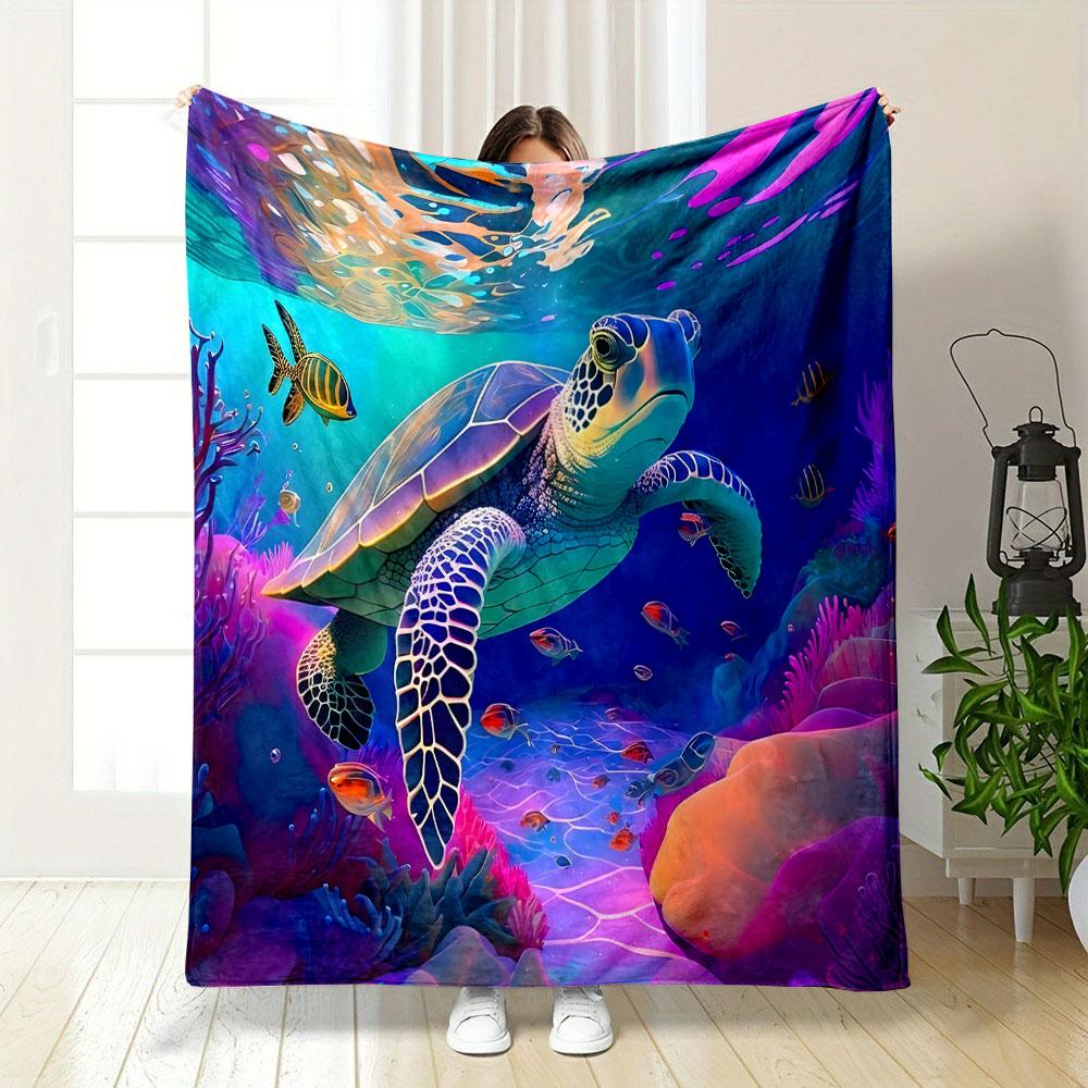 "Colorful Sea Turtle Underwater Scene" Patterned Blanket, Flannel, Suitable for All Seasons, Home Decor, Warm and Cozy