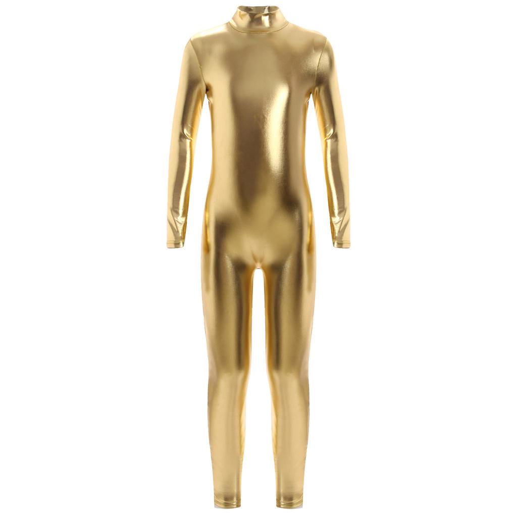 Meisjes jumpsuit met glanzende metallic afwerking, col, lange mouwen en volledige lengte