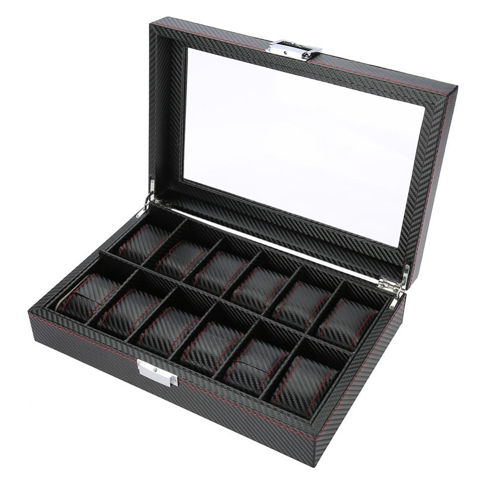 

Woven Pattern Watch Storage Case Carbon Fiber Texture Watch Display Box Watch Collection 12 Slots