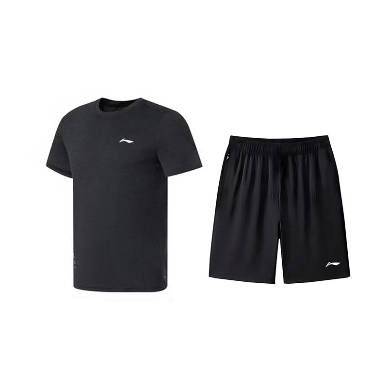 Li-Ning Solid Color Simple Fitness Quick-Dry Comfortable Round Neck Casual Sports Suit Unisex Sportswear ATSS069-1+AKSV843-1