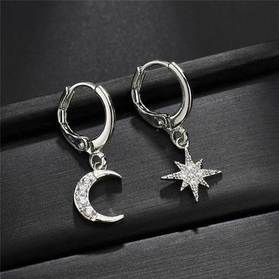 Personality Asymmetric Star and Moon Zircon Hoop Earrings Jewelry for Women