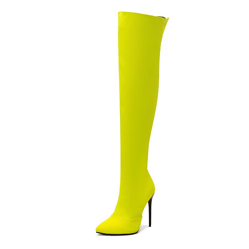 2024 Winter Oberschenkelhohe Stiefel Über dem Knie Damen Sexy High Heels Große Größe 34-48 Lack Stiletto Schuhe Spitze Zehenpartie Botas Femininas