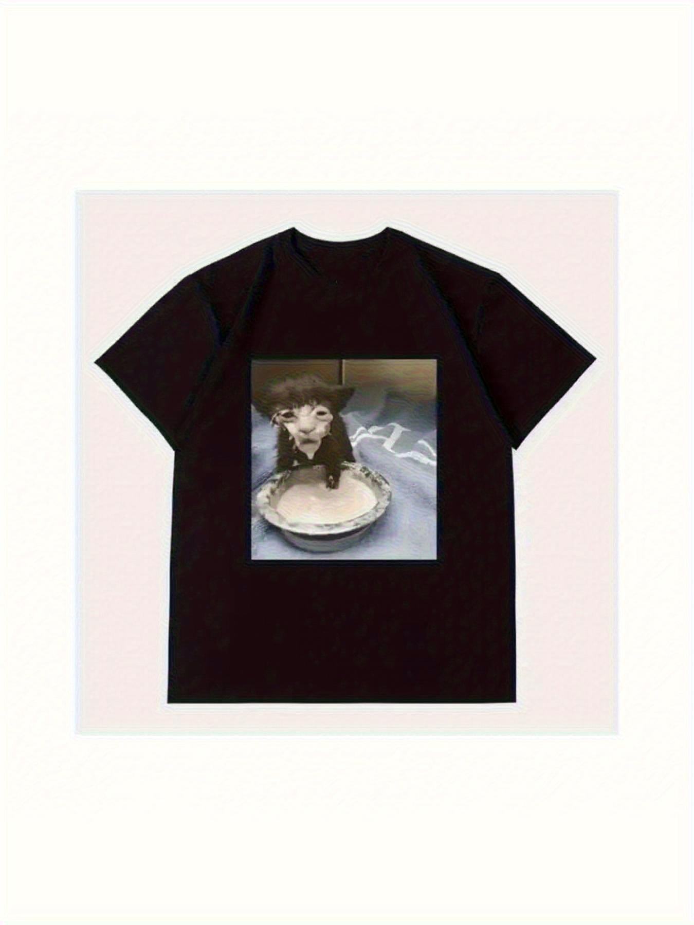 Men S T-Shirt Featuring a Milk Face Cat Graphic - a Humorous And Trendy Street Fashion Tee S