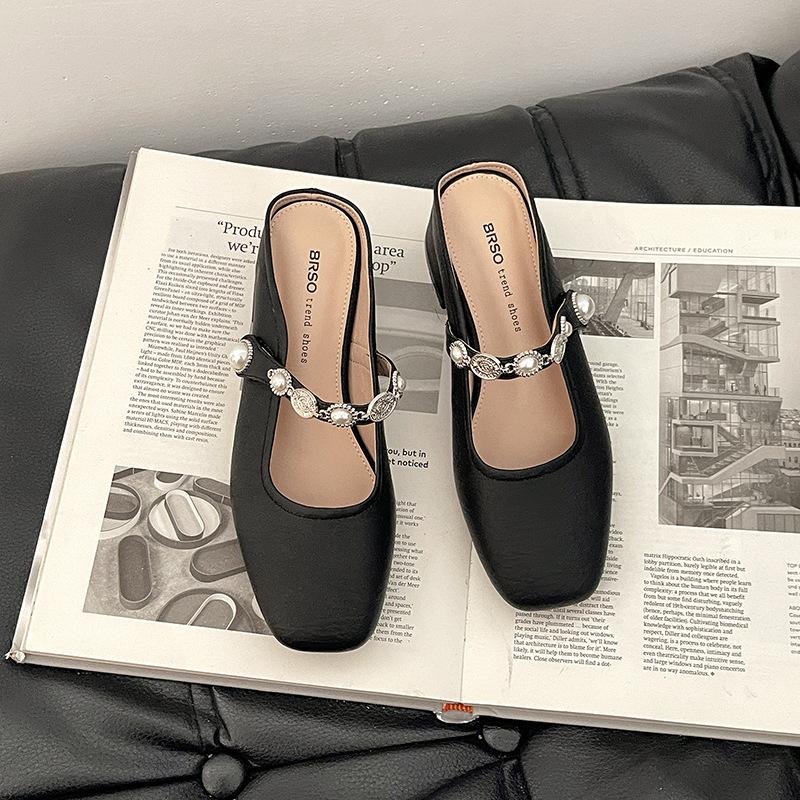 

French small fragrant pearl with bag head half slippers women s 2025 summer new versatile Mary Jane shoes sandals 34 чёрный