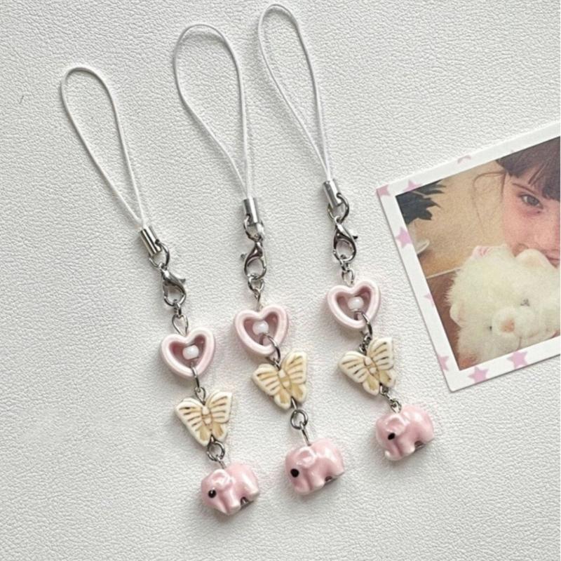Butterfly Heart Bead Pendant Phone Charm Hangings Rope Cute Phone Chain Strap Bag Decoration Lanyard Keychain Accessory