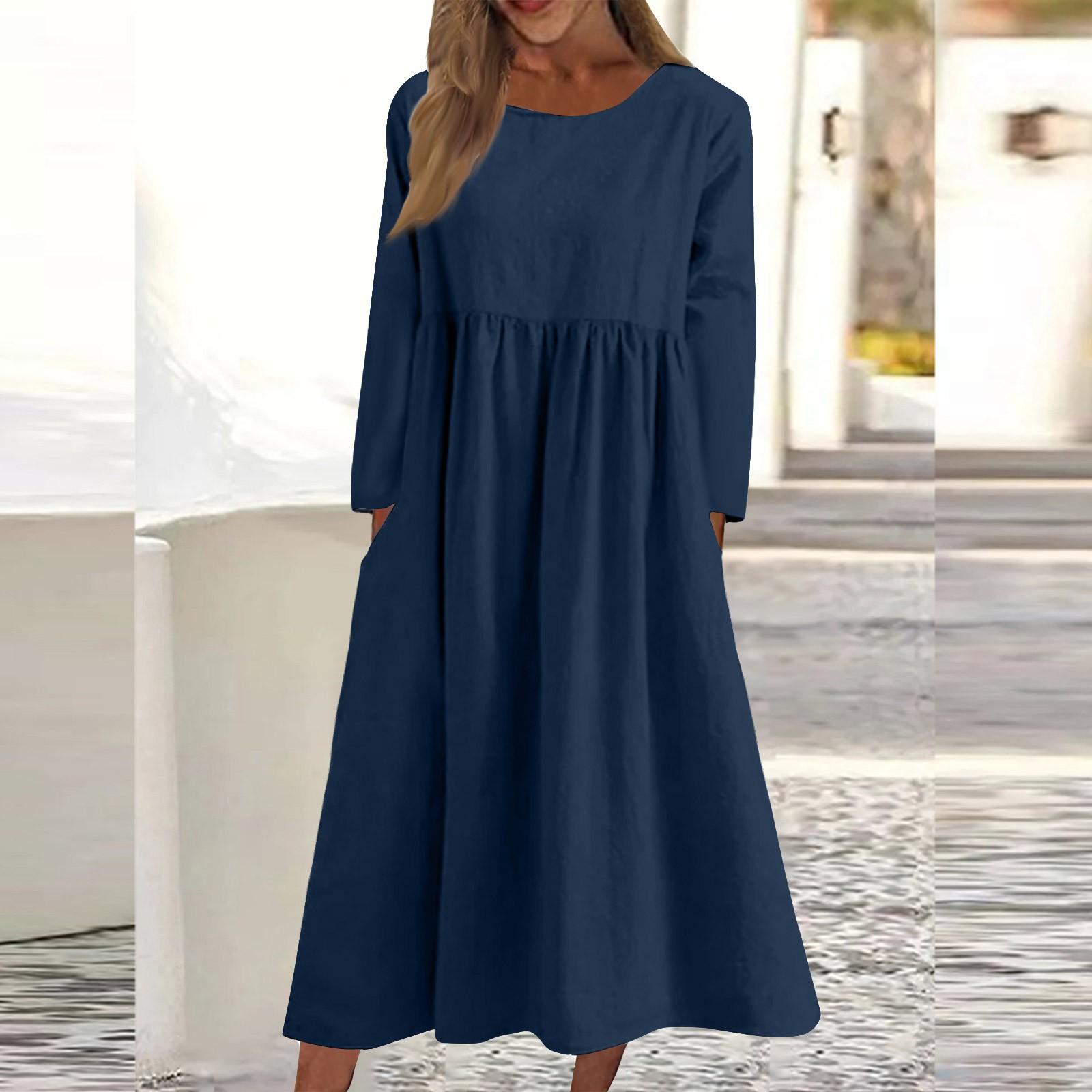 

Women s Casual -neck Color Change Mid-length Dress Long-sleeved Dress With Pocket L Темно-синій