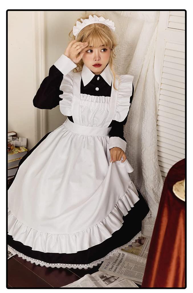 Maid Cosplay Long Sleeve Long Skirt Apron White Black Maid Clothes [Lady Lazy] (XL)