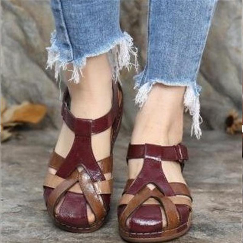 Large size summer new retro round head wedge heel women's shoes cross buckle women's sandals