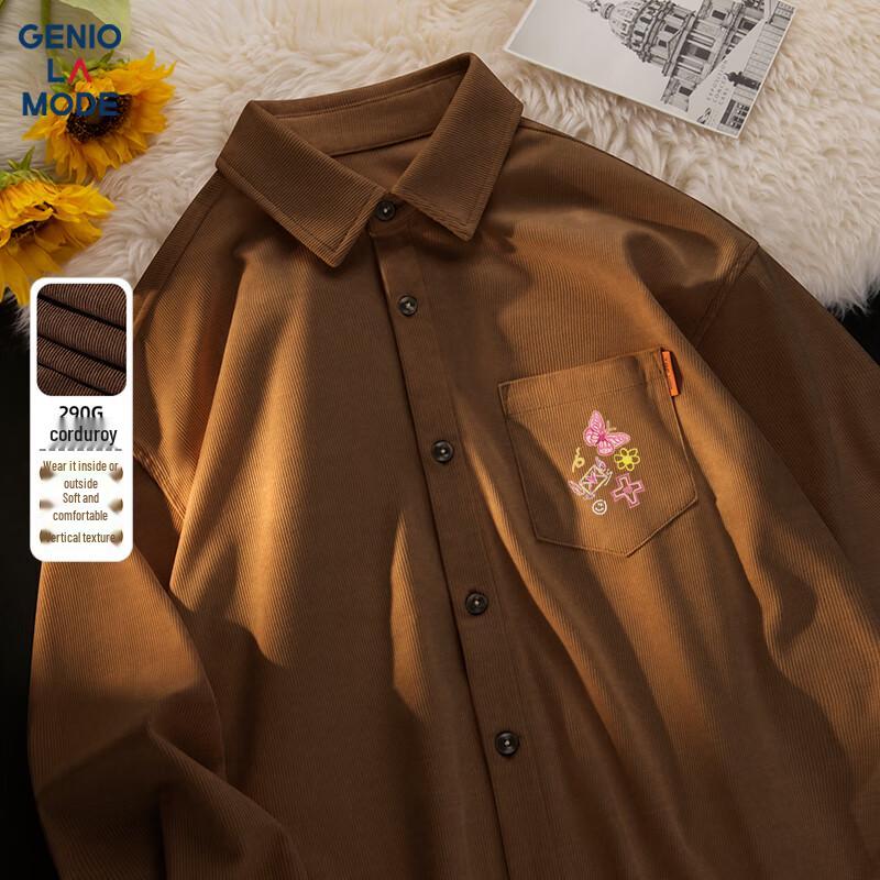 GENIOLAMODE Men s Heavy Corduroy Printed Loose Casual Long Sleeve Shirt L