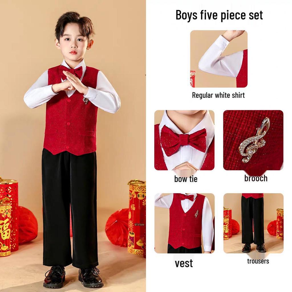 Children's New Year's Red Performance Costume for School Speech and Poetry Competitions