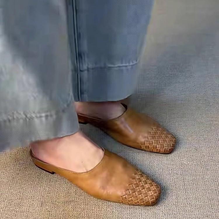 Sheepskin Version~ Retro Literature and Art Ins Fashion Weaving Lazy Person One Pedal Casual Sandals Outside Wearing Bag Head Half Slippers Women
