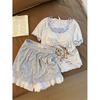 Cute Cartoon Fake Two-piece Short-sleeve Pajamas with Padded Bra Pads, Women's Summer Lace Polka Dot Shorts, Loungewear Set