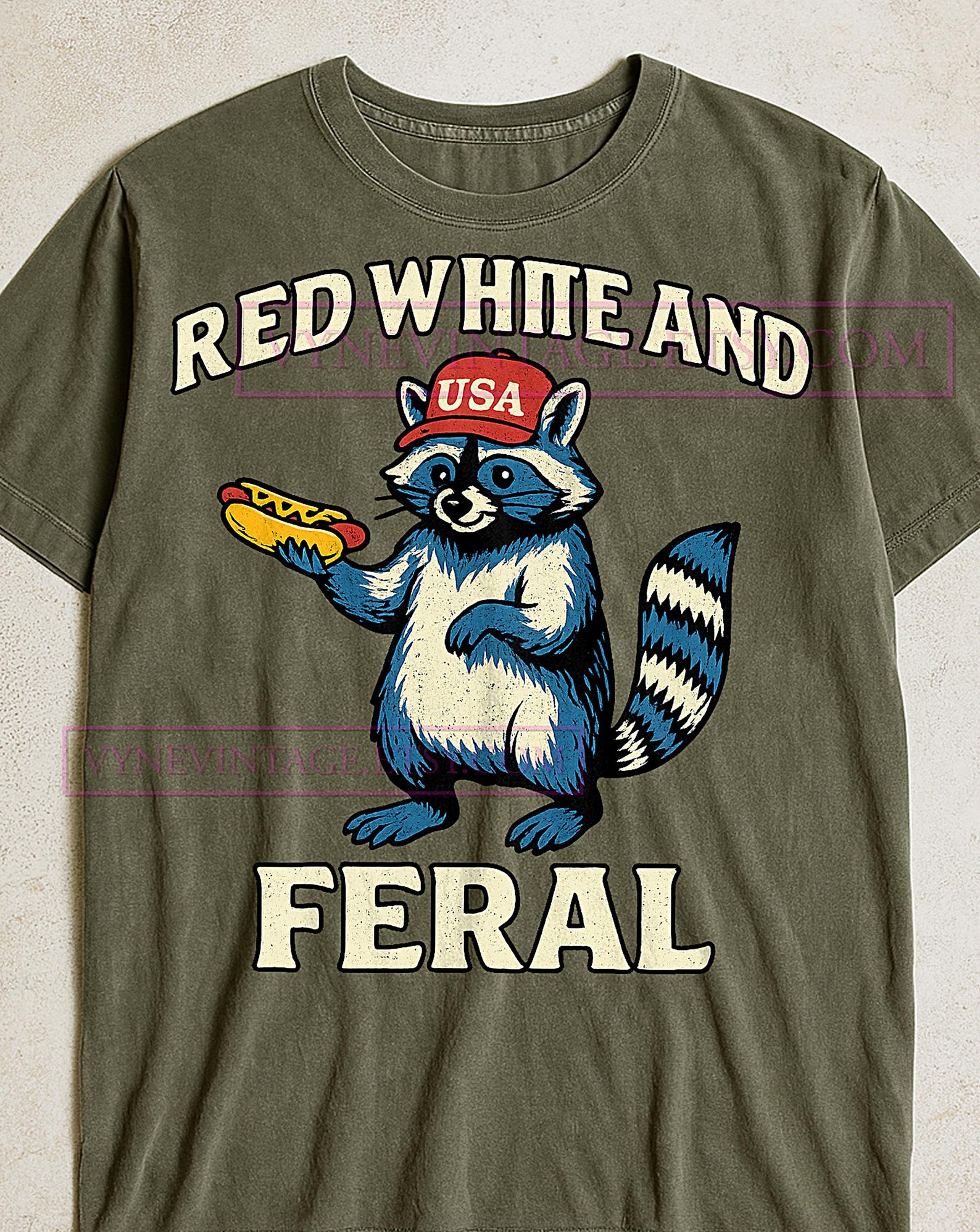 Red White And Feral T-Shirt, Patriotic Raccoon Meme Tee, Satirical Vintage USA Graphic, Humorous Quote Shirt, Quirky Gift Idea XL