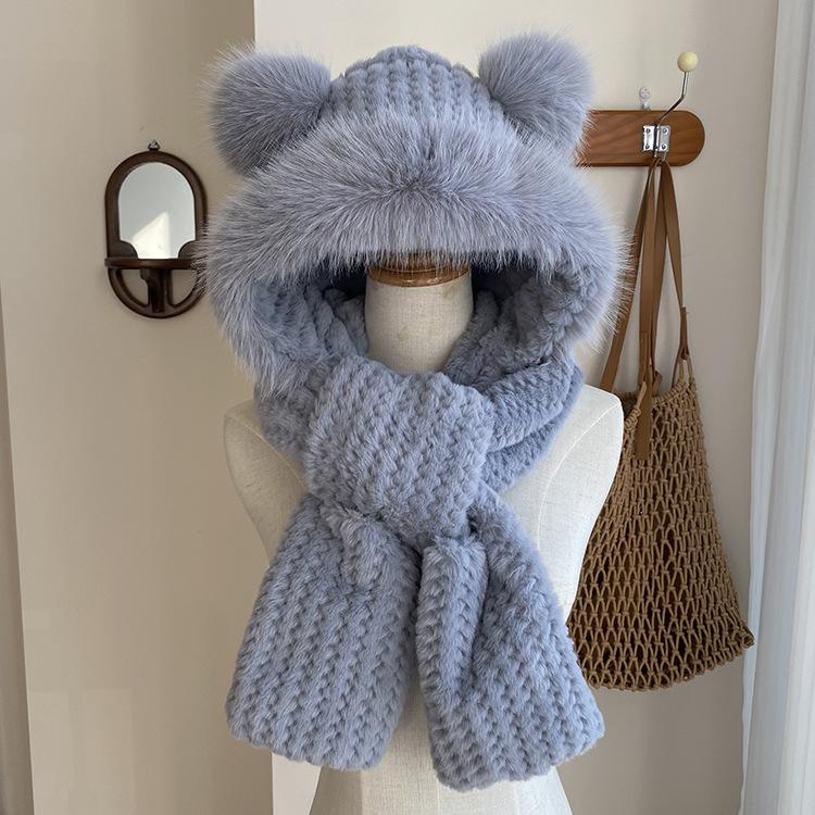 Cute Mao Mao Ears Integrated Hat Scarf Gloves Three-piece Set Women's Winter Cycling Warm Versatile Windproof Ear Cap