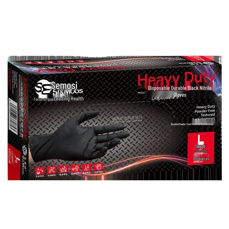 Semosi Durable Black Nitrile Gloves: Thick, Disposable, Oil-Resistant for Food, Beauty, Tattoo, Industrial, and Automotive Use.