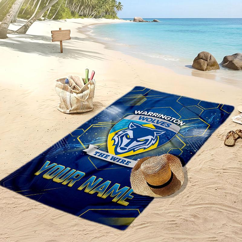 Warrington Wolves FC Personalized Printed Beach Towel Soccer Logo Support Custom Name Text Absorbent Towel For Sport Travel Special Gift