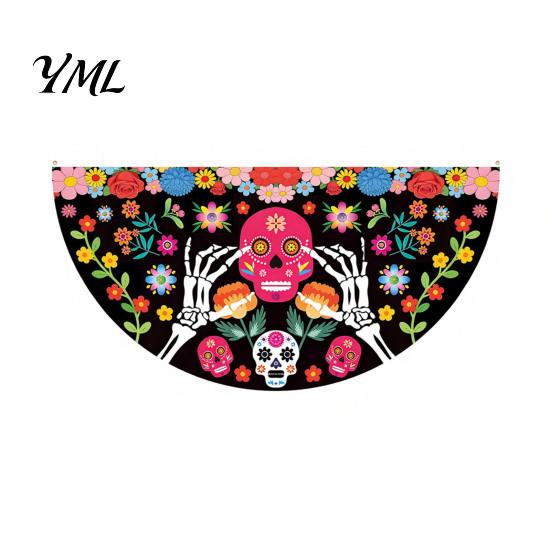 Durable Polyester Bunting Day of The Dead Skull Banner, Marigold Print Fiesta Decorative Wall Hanging Flag, Colorful Sugar Outdoor Yard Party