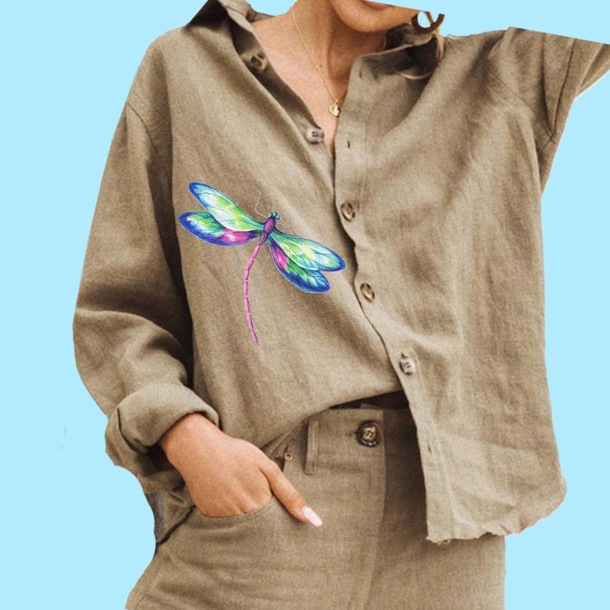 

Женская модная блузка с воротником-лацканом, женская повседневная рубашка из хлопка и льна с принтом на пуговицах 3XL хаки