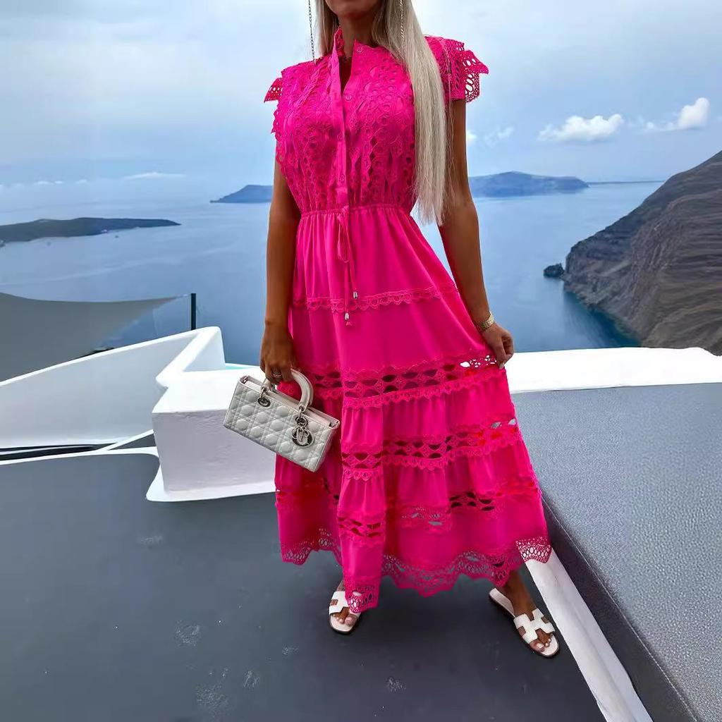 Weißes Spitzen-Spleiß-Ausschnitt-Langes Kleid Damen Sommer Stickerei Maxi Sommerkleid Vintage Ärmellos Hohe Taille Hemd Robe Femme