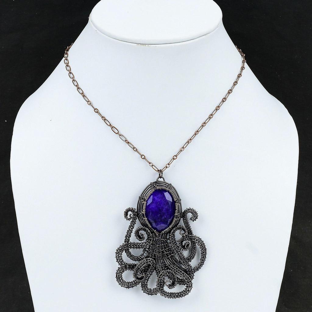 Faceted Blue Sapphire Pendant Copper Wire Wrapped Pendant Gemstone Jewelry Octopus Pendant Handmade Pendant Copper Wire Jewelry Gift For Her