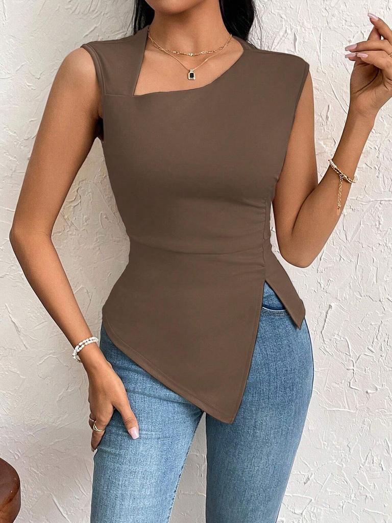Women's Elegant Asymmetrical Neck Slim Fit T-shirt - Spring/Summer Pure Color Top