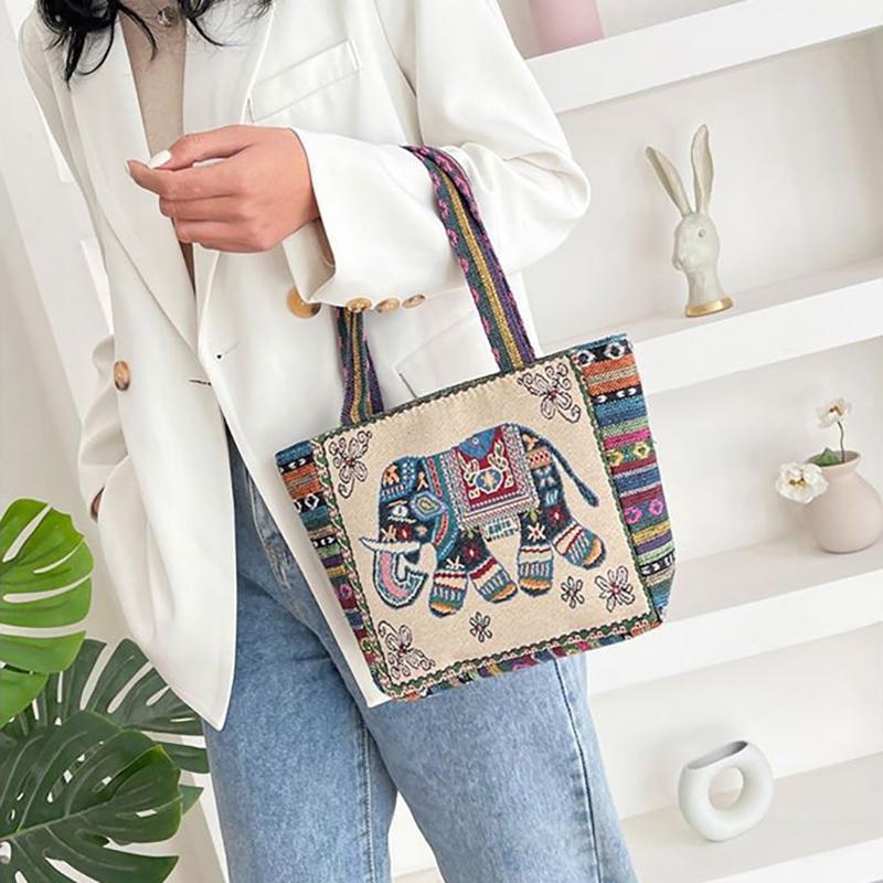 Ethnic Style Handbag Trendy Animal Embroidery Handbag Canvas Women Shoulder Bags Women Grocery Storage Pouch