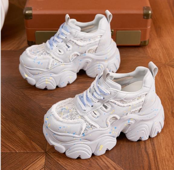 Fashion 9CM Air Mesh Microfiber Leather High Brand Comfy Shoes Sandals Women Platform Wedge Fashion Summer Chunky Sneaker Lace Up