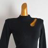New Arrival Pure Color Stand Collar Pullover Cut Out Shoulder-Baring Sweater Women's Clothing Slim Fit Slimming Long Sleeves Bottoming Shirt Tops